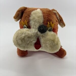 VINTAGE 1970 RED + WHITE BULLDOG GOOGLY EYES STUFFED ANIMAL CARNIVAL PLUSH TOY